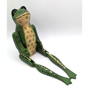 Vintage Jointed Carved Wooden Green Frog Shelf Sitter Movable Arms and Legs 13"